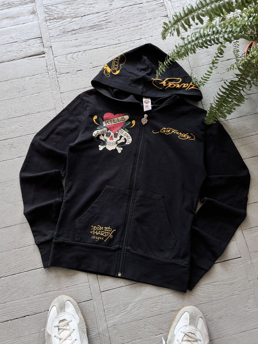 XL Vintage Ed Hardy Zip Hooded Sweatshirt