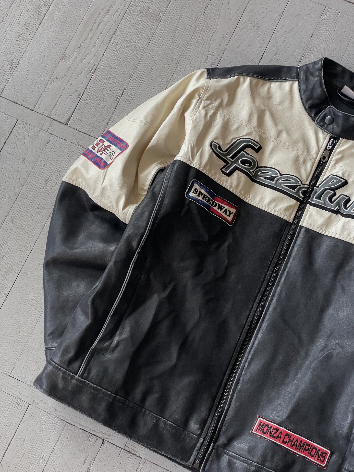 L Vintage Speedway Leather Racing Bomber Jacket