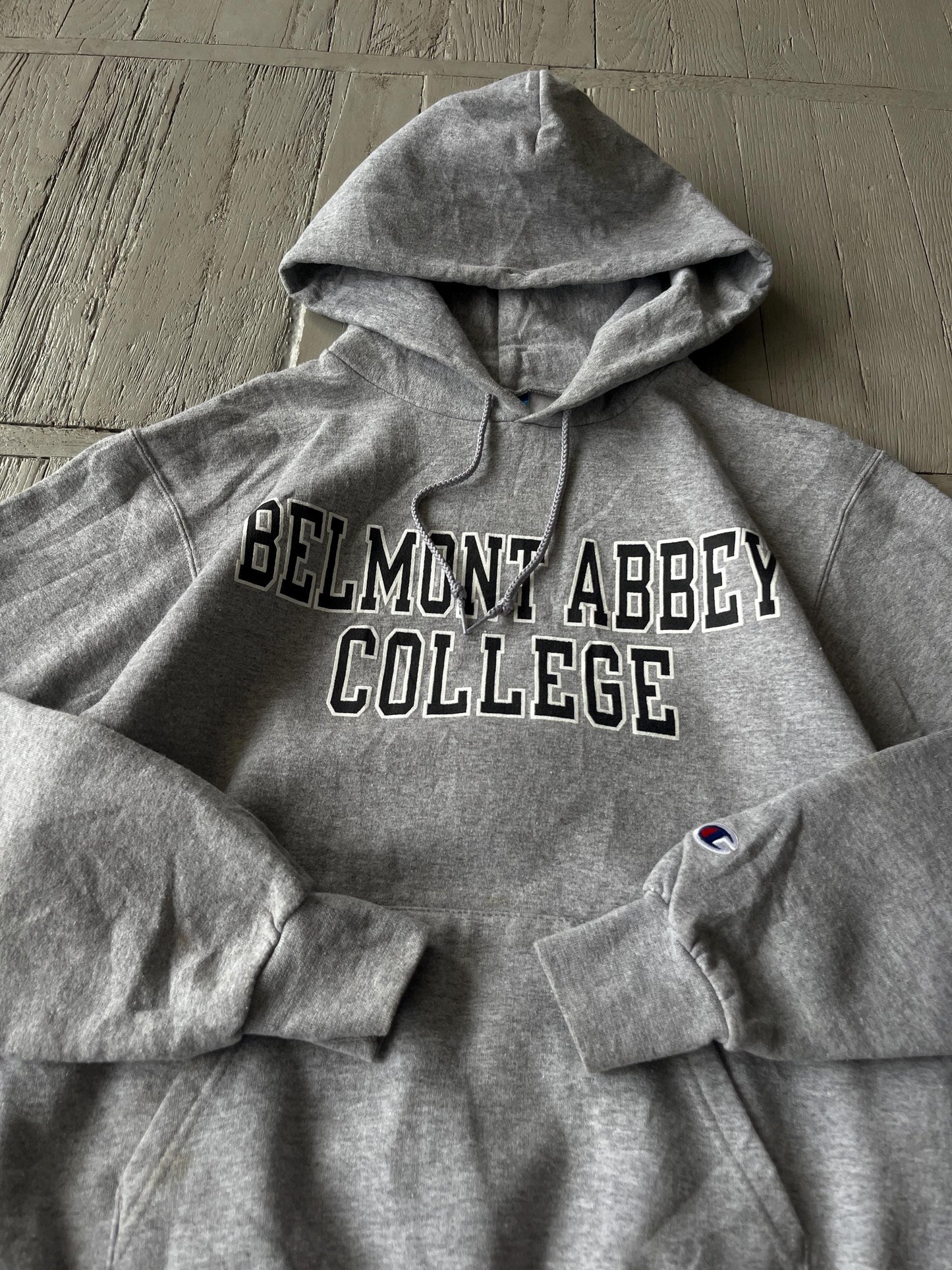 S Vintage Champion Belmont Abbet College Hooded Sweatshirt